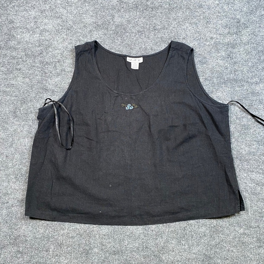 AKC Womens 2X Black Linen Rayon Blend Floral Embroidered Scoop‎ Neck Tank Top